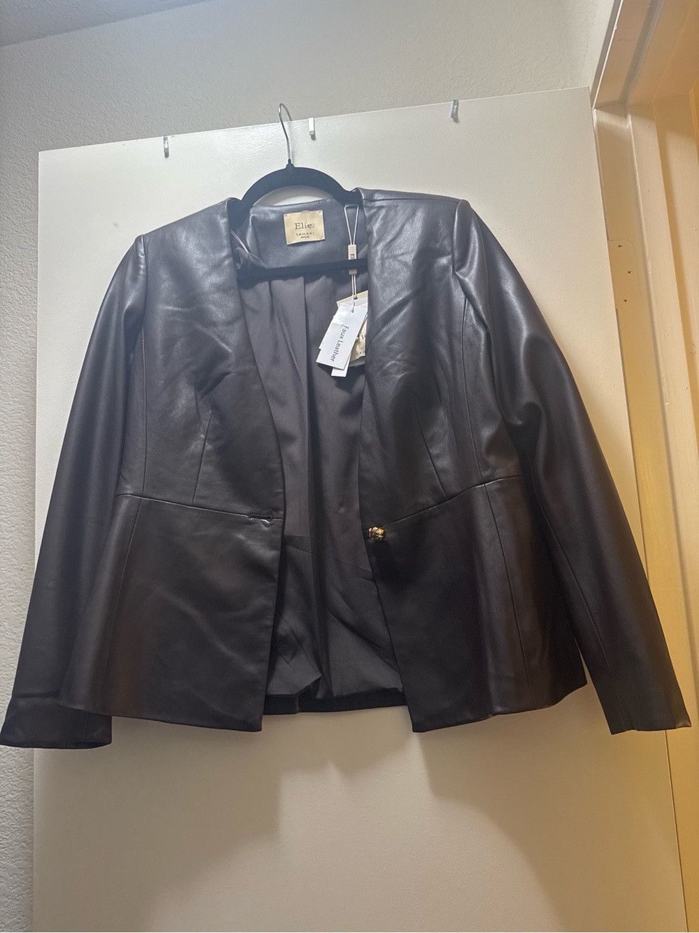 Tahari Black Leather Open-Front Blazer Jacket